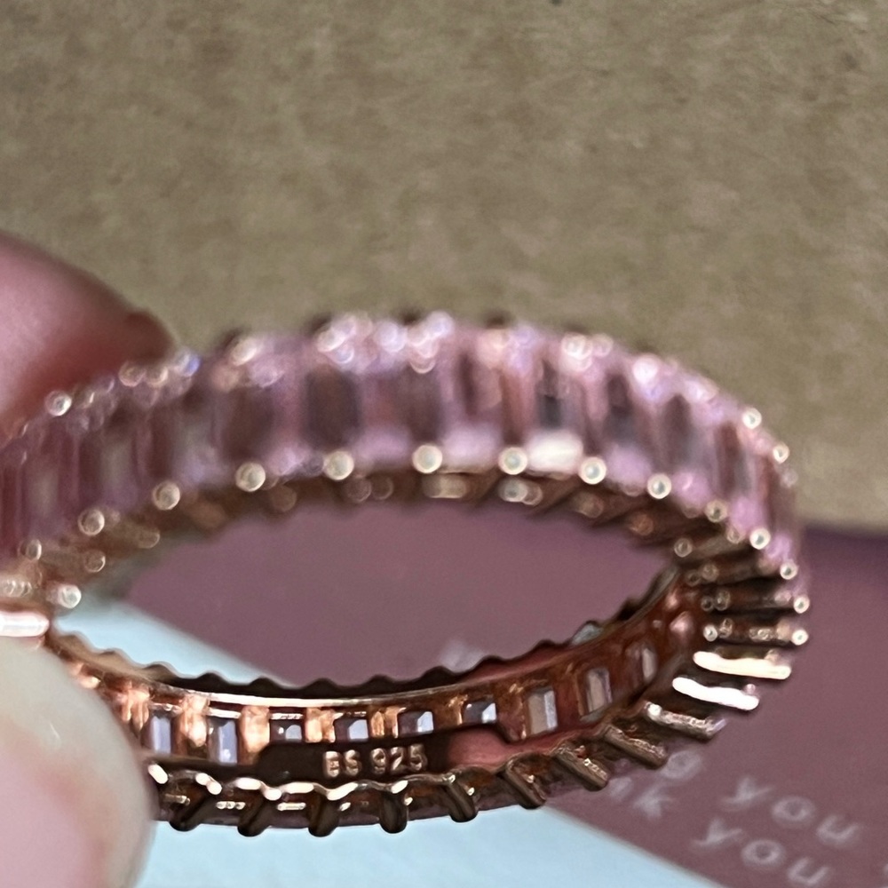 Beautiful Pink Moissanite Baguette Eternity Band Rose Gold/925 Ring Size 9 - Picture 7 of 7